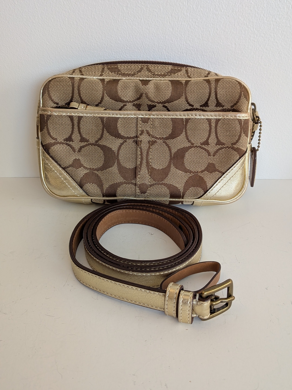 Coach Signature Canvas Waist Belt Bag Pouch Gold Leather Accents